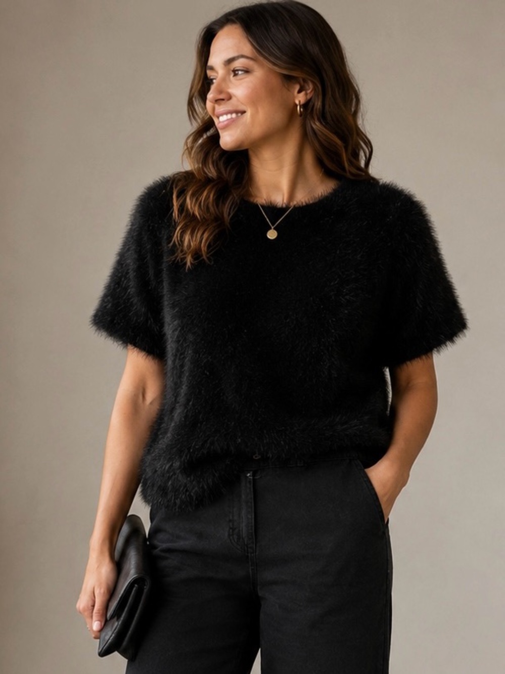 81. Leith • NWT Black Fuzzy Short Sleeve Sweater Top PTP 17-23”